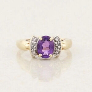 10k Yellow Gold Purple Amethyst and Diamond Bow Ring Size 7 1/4